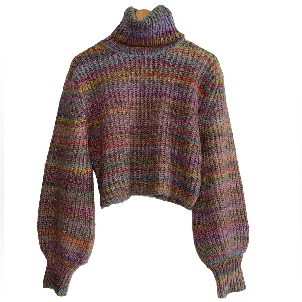 Chunky Multicolor Marled Knit Cropped Turtleneck Sweater Boho Balloon Sleeve